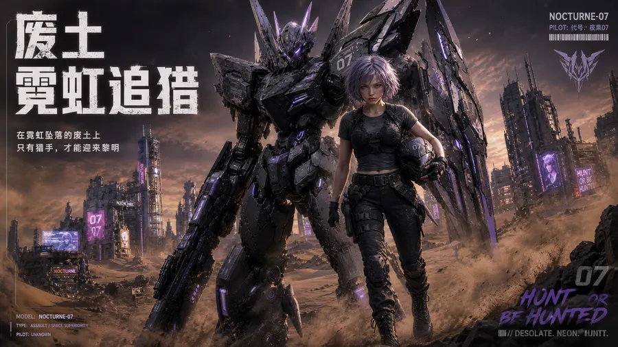 🏍️ 霓虹燃尽,废土狂飙!紫发少女的机甲猎杀时刻!